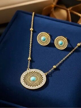 Gold Plated Turquoise Circle Pendant Necklace and Earrings Set